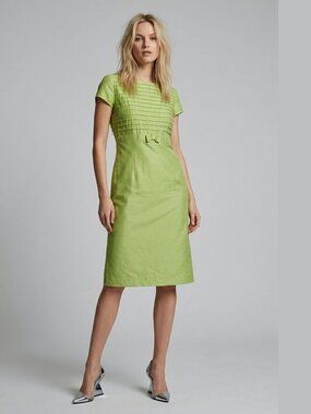 Pure Silk Talbots Apple Green Sheath Dress Fully Lined Textured Silk Bow Detail